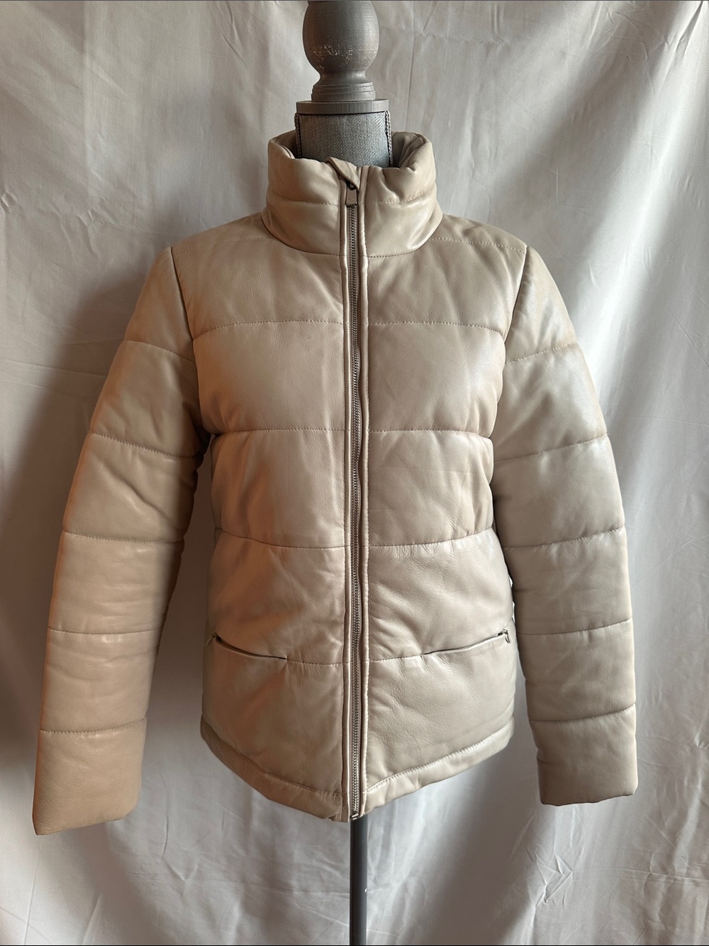 Women's Light Beige Leather Puffer Jacket with Stand Collar